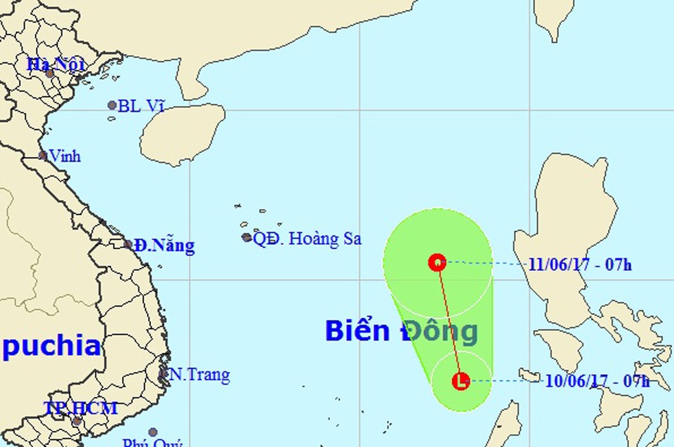 Xuất hiện vùng áp thấp trên Biển Đông - 1 Vị trí và hướng di chuyển của vùng áp thấp nhiệt đới (Ảnh: NCHMF).