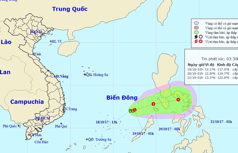 Vùng áp thấp đang di chuyển ra khỏi Biển Đông - 1 Vị trí và hướng di chuyển của vùng áp thấp trên Biển Đông (Ảnh: NCHMF).