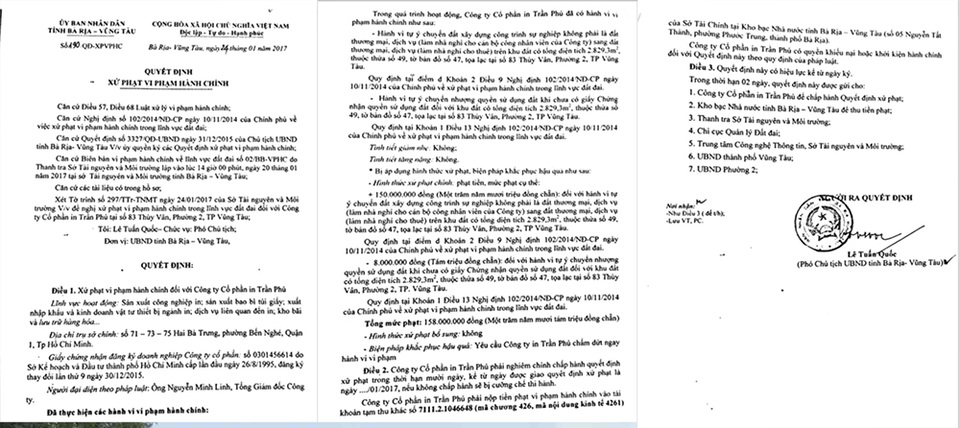 Quyết định xử phạt vi phạm hành chính (XPVPHC) số 190/QĐ-XPVPHC ngày 24/1 của Chủ tịch UBND tỉnh Bà Rịa Vũng Tàu đối với Công ty CP In Trần Phú.
