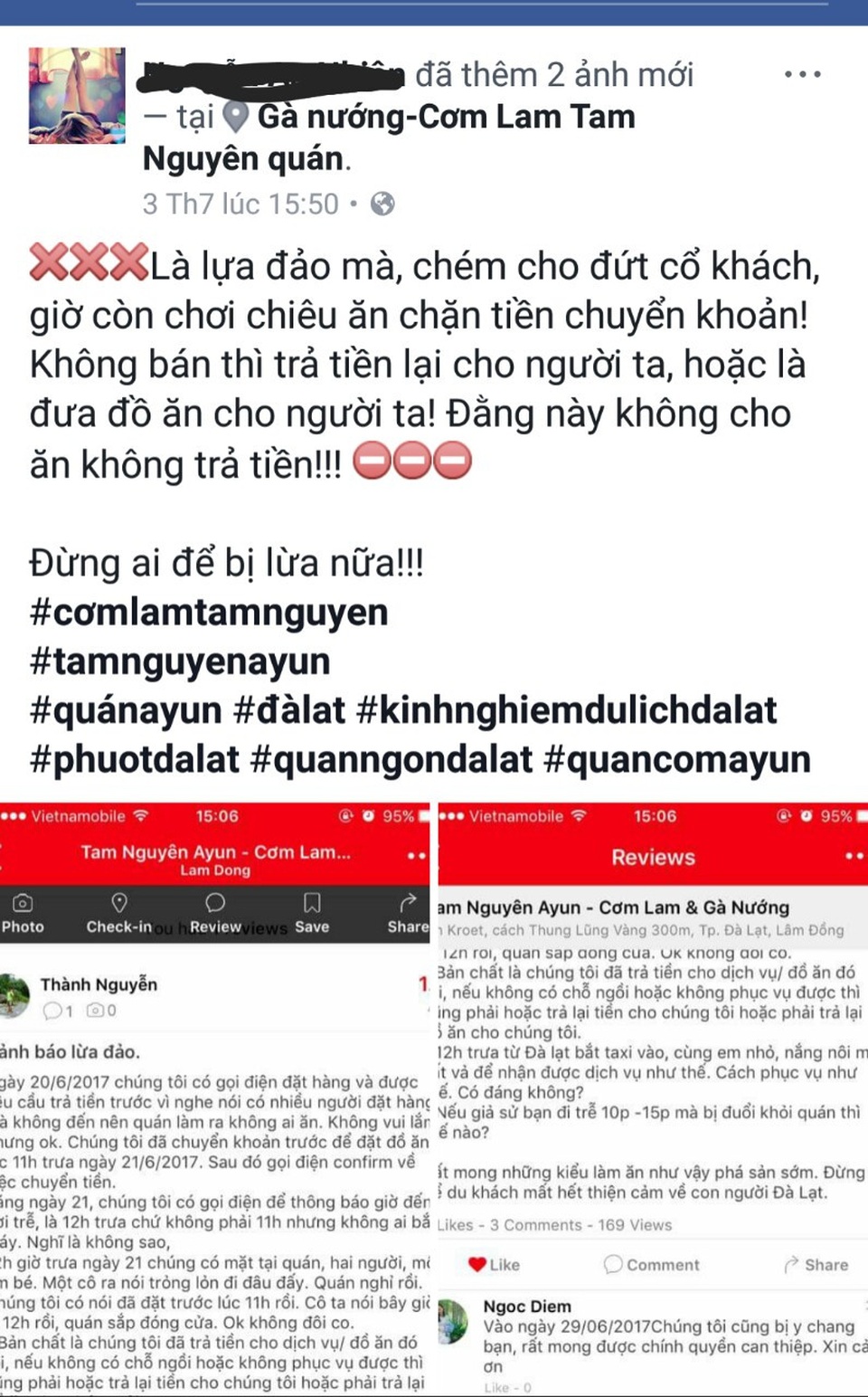 Du khách tố chủ quán từ chối phục vụ, quỵt tiền đặt cọc vì... đến muộn - 1 Du khách lên mạng tố quán Gà nướng- cơm lam Tam Nguyên