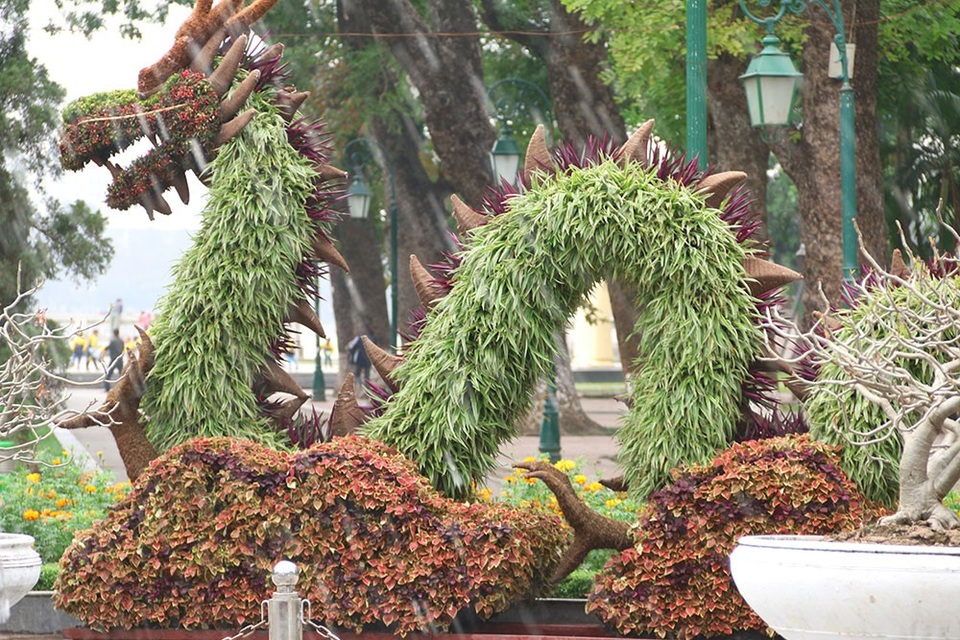 Một nghệ nhân cho biết, công đoạn tạo hình ban đầu là khó nhất bởi vừa phải thiết kế các khung sắt giống thật nhất lại phải thổi hồn, làm toát lên đặc điểm, thần thái của từng con vật. Trong ảnh là chú rồng được tạo hình từ hàng chục các loại cây, hoa như: bạch chỉ, tía đỏ, cây rệu, chuỗi ngọc…