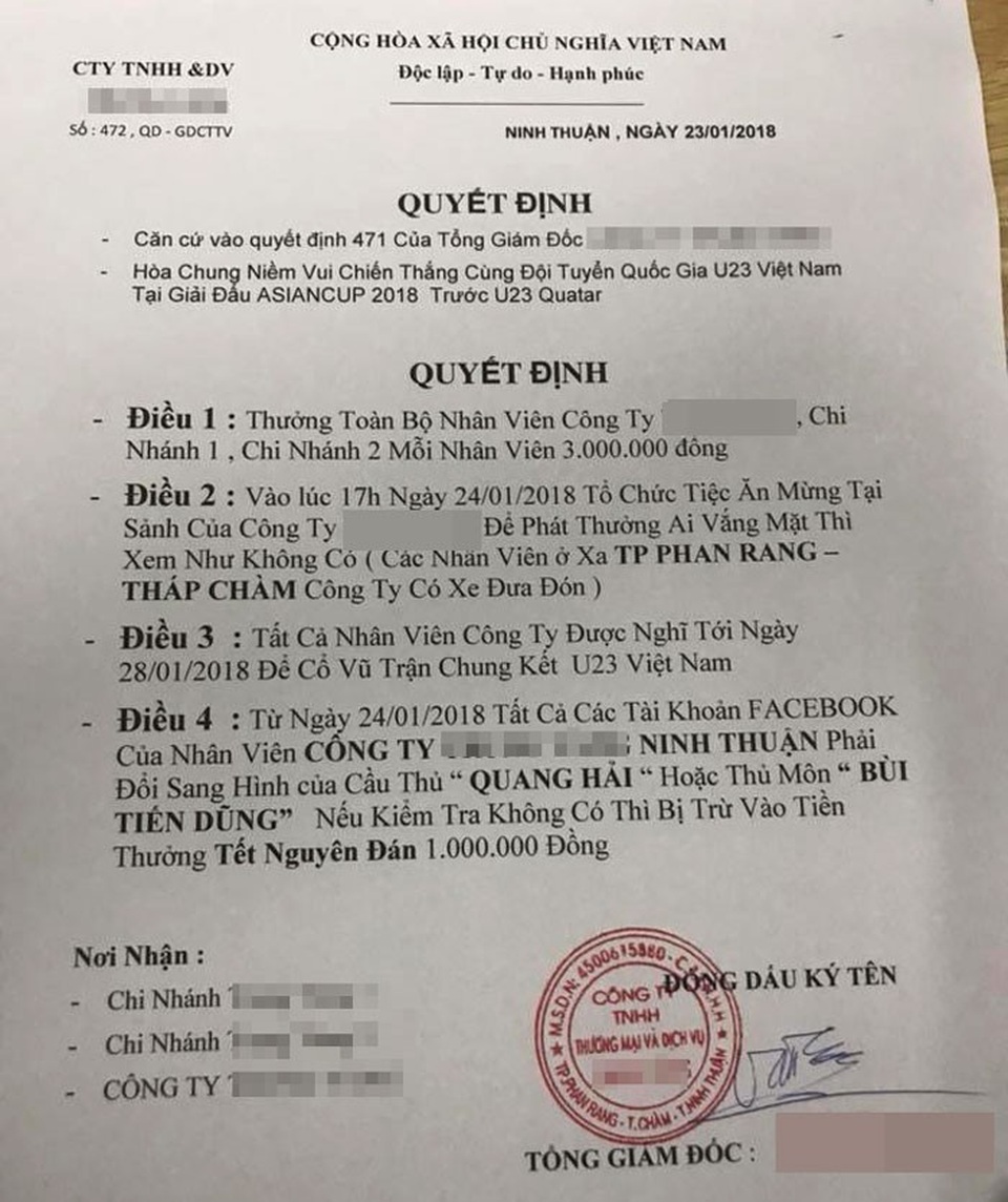 Chuẩn "sếp soái ca" của năm: Bao trọn gói nhân viên đi Trung Quốc cổ vũ U23 - 1 Quyết định thưởng đậm, cho nhân viên nghỉ 5 ngày liền để cổ vũ U23 Việt Nam đá trận chung kết