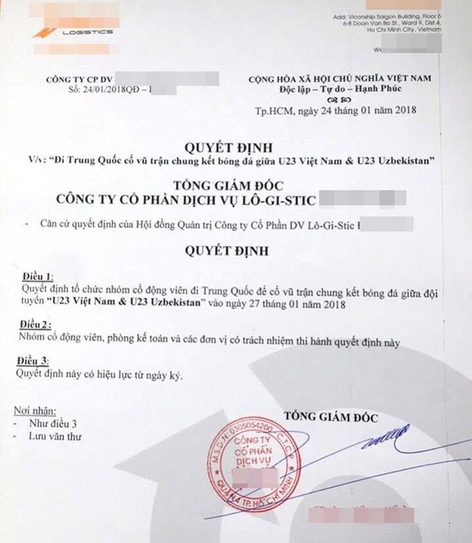 Chuẩn "sếp soái ca" của năm: Bao trọn gói nhân viên đi Trung Quốc cổ vũ U23 - 2 Một số đơn vị khách quyết định tài trợ 100% kinh phí cho nhân viên sang Trung Quốc cổ vũ tuyển U23 Việt Nam