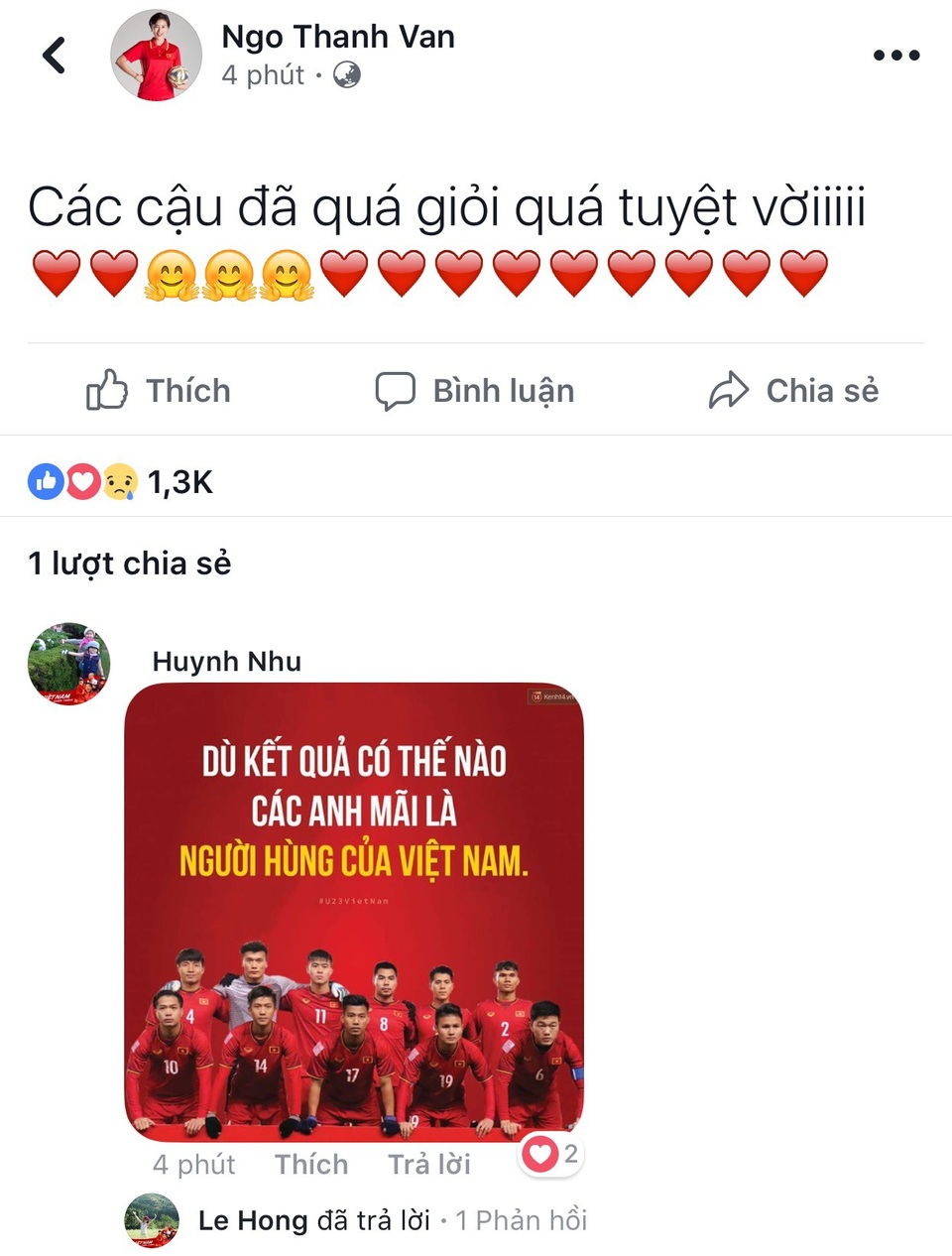 Sao Việt bật khóc, cảm ơn U23 Việt Nam vì tinh thần “chiến đấu” quả cảm - 7 Ngô Thanh Vân dành lời cảm ơn tới các cầu thủ U23 Việt Nam: Các cậu đã quá giỏi quá tuyệt vời.
