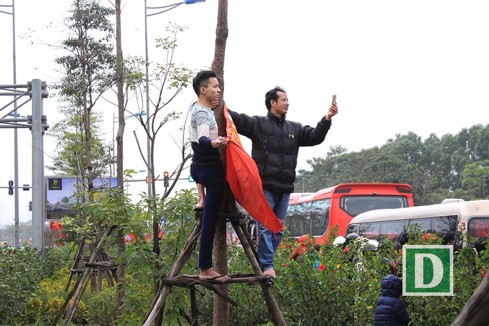 Người dân trèo lên cây, nhảy ra giữa đường... chào đón U23 Việt Nam trở về - 8 Trèo lên cây vẫy cờ, chụp ảnh.