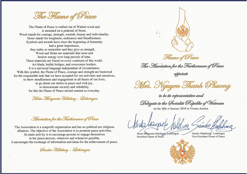 Cuộc đời chìm nổi của nữ “thuyền trưởng” Bệnh viện quốc tế Bumrungrad tại Việt Nam - 4 Quyết định bổ nhiệm chị Nguyễn Thanh Phương là Đại diện của Hiệp hội Flame of Peace tại Việt Nam.