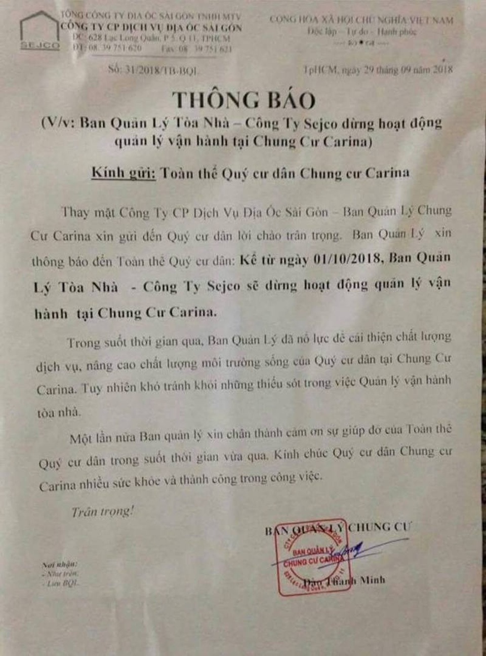 Sau vụ cháy Carina Plaza: Ban Quản lý tòa nhà "quay lưng", tuyên bố dừng hoạt động - 2 Ngày 29/9, Sejco đã ra thông báo nói rằng công ty này sẽ dừng hoạt động quản lý vận hành chung cư Carina Plaza từ ngày 1/10/2018