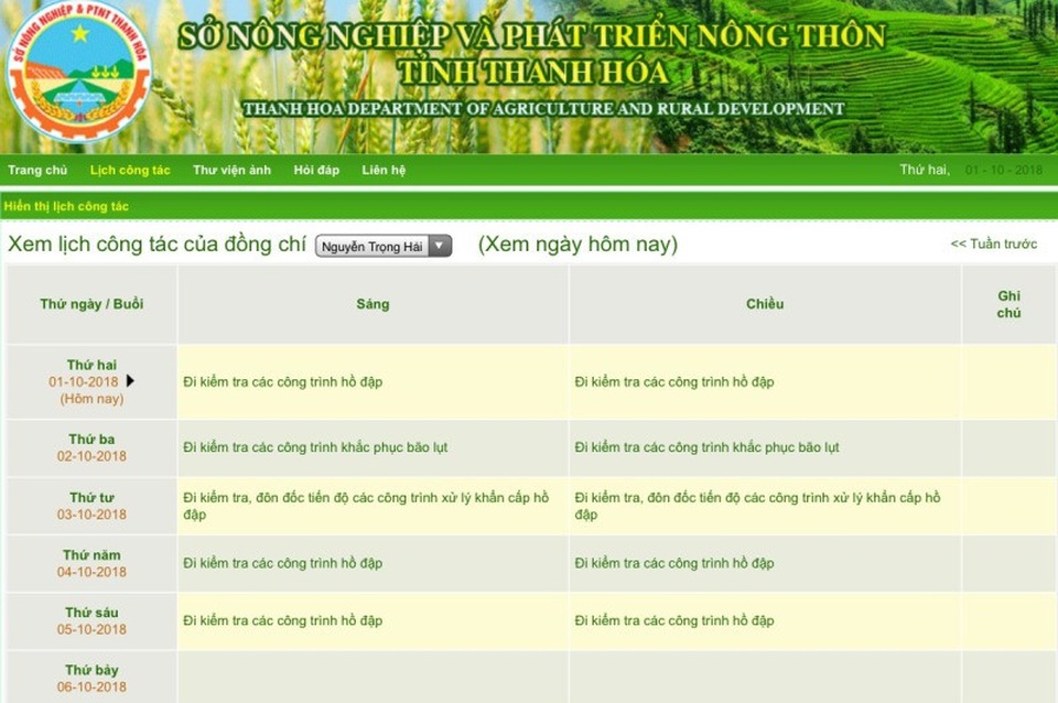 Phó giám đốc Sở NN&PTNT xin thôi chức - 1 Trên lịch công tác của Sở NN&PTNT, từ ngày 1-5/10, ông Hải vẫn đảm nhiệm công việc của mình trên cương vị là Phó giám đốc Sở NN&PTNT.