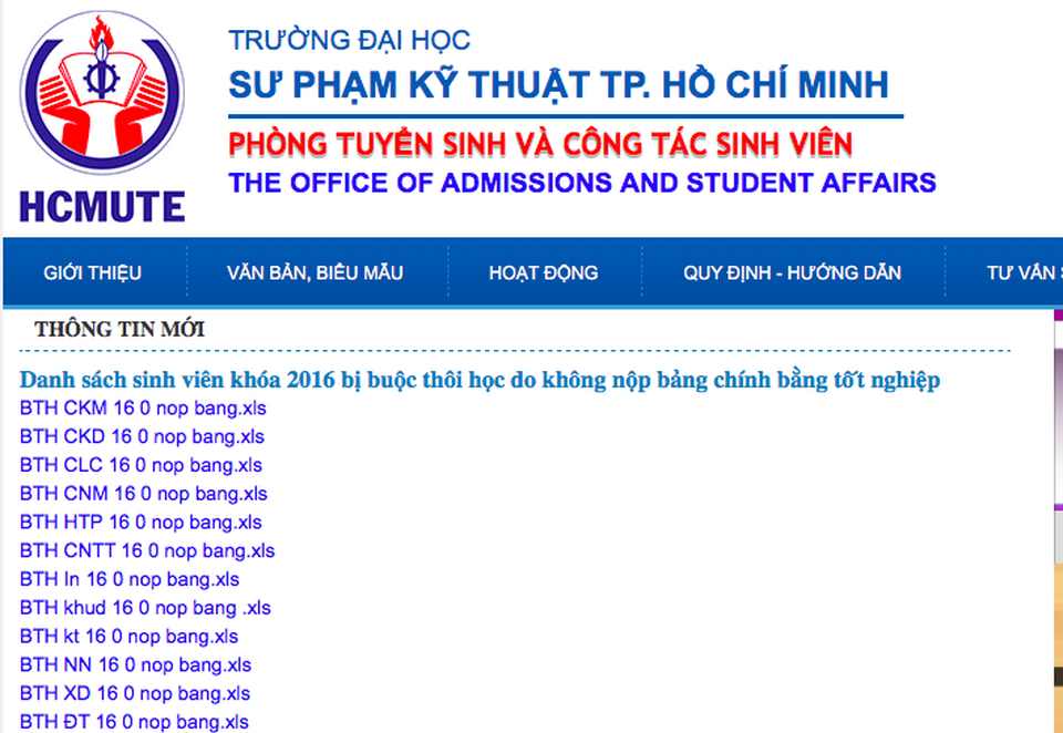 Không nộp bằng tốt nghiệp THPT, hơn 400 sinh viên bị buộc thôi học? - 1 Trường ĐH Sư phạm Kỹ thuật TPHCM công bố danh sách sinh viên khoá 2016 bị buộc thôi học do không nộp bảng chính bằng tốt nghiệp THPT