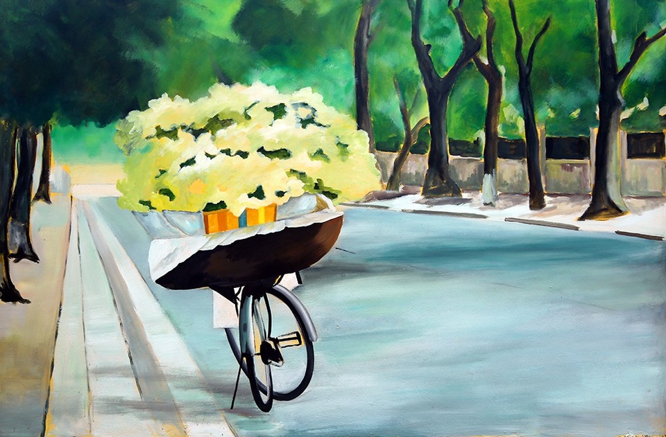 Hà Nội xưa qua tranh bích hoạ trên phố Phan Đình Phùng - 9 Bức bích họa xe bán hoa hàng rong sống động.