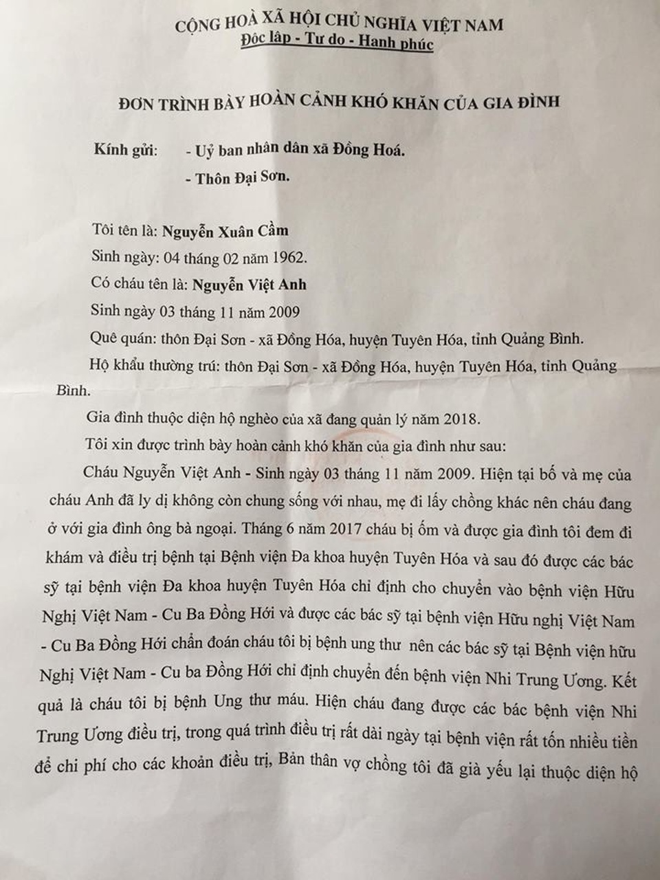 Bố tai nạn, mẹ đi lấy chồng, tính mạng bé 9 tuổi bị đe dọa từng ngày vì ung thư hạch - 3 Đơn trình bày hoàn cảnh của gia đình cháu Việt Anh.
