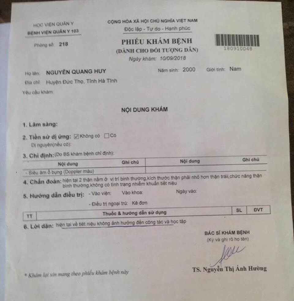 Vụ sinh viên Học viện Hậu Cần bị trả về vì "thận lạc chỗ": Bộ Chỉ huy Quân sự tỉnh Hà Tĩnh nói gì? - 3 Kết quả khám bệnh của Bệnh viện Quân y 103 vào ngày 10/9/2018