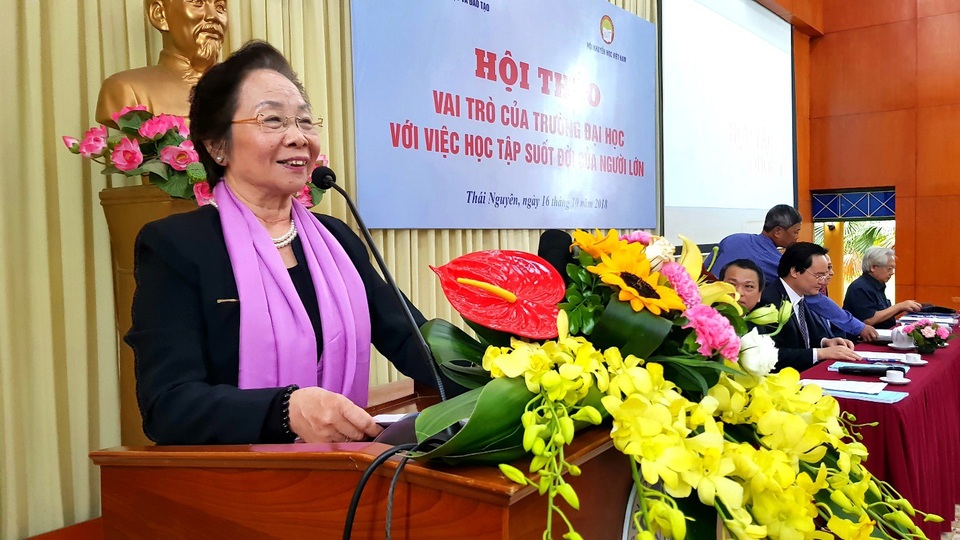 Giáo dục Đại học: "Chìa khóa" học tập suốt đời của người lớn - 2
GS.TS Nguyễn Thị Doan, Chủ tịch TƯ Hội Khuyến học Việt Nam phát biểu.