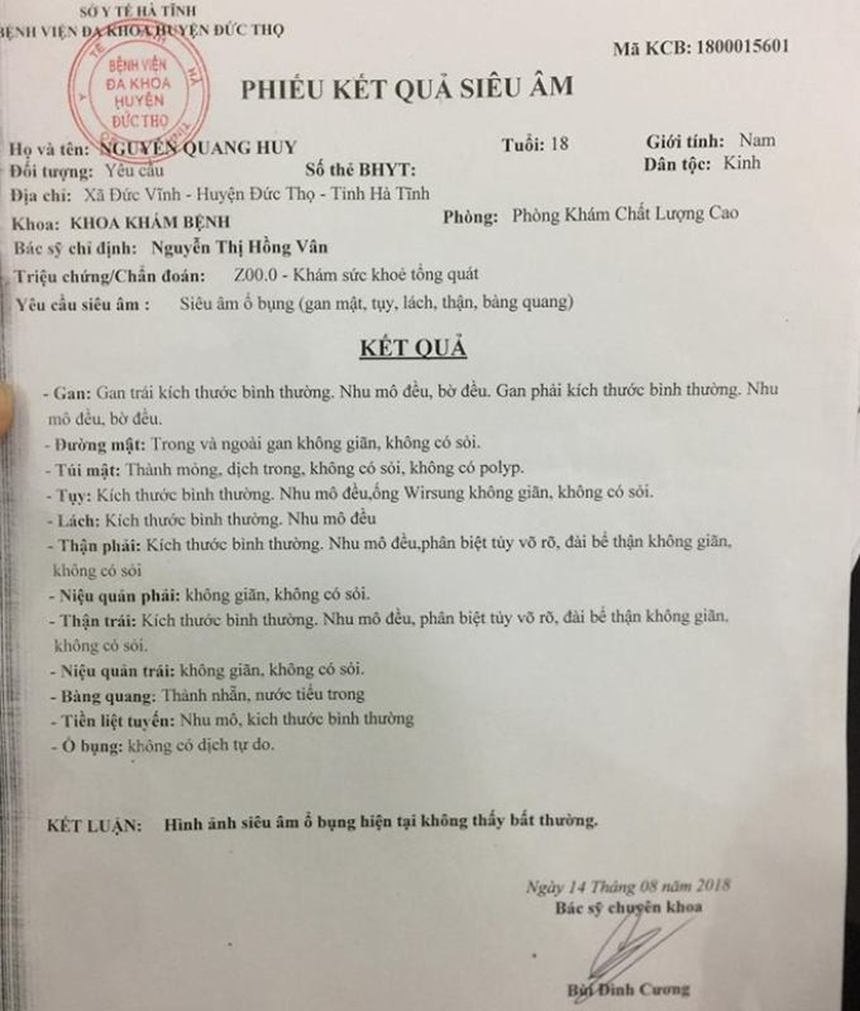Vụ sinh viên Học viện Hậu Cần bị trả về vì "thận lạc chỗ": Bộ Chỉ huy Quân sự tỉnh Hà Tĩnh nói gì? - 2 Kết quả siêu âm của Bệnh viện Đa khoa huyện Đức Thọ vào ngày 14/8/2018