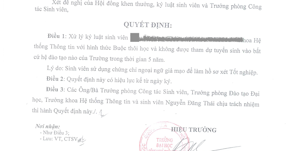 Giả mạo chứng chỉ ngoại ngữ, sinh viên bị buộc thôi học và cấm dự tuyển 5 năm - 1 Một quyết định kỷ luật sinh viên vì sử dụng chứng chỉ ngoại ngữ giả mạo