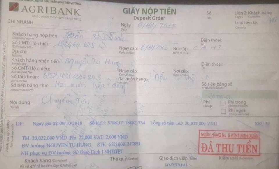 “Con gái giả” nhắn tin trên facebook lừa mẹ lấy 40 triệu đồng - 2 Giấy nộp tiền thành công mà chị Bình đã gửi vào tài khoản.