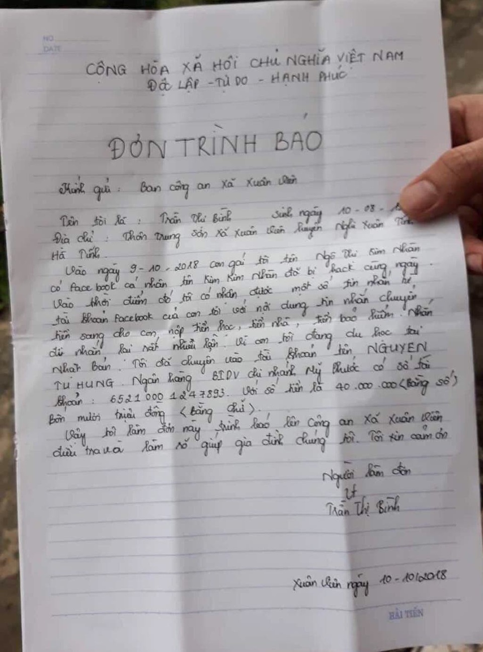 “Con gái giả” nhắn tin trên facebook lừa mẹ lấy 40 triệu đồng - 4 Chị Bình làm đơn trình báo cơ quan công an.