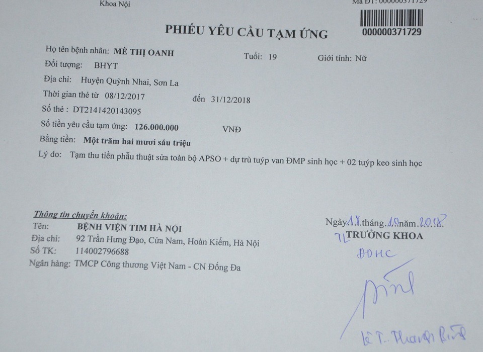 Thiếu hơn 100 triệu đồng mổ tim, nữ sinh trường Y nguy kịch tính mạng - 2 Phiếu yêu cầu gia đình đóng tiền cho ca mổ của Oanh.