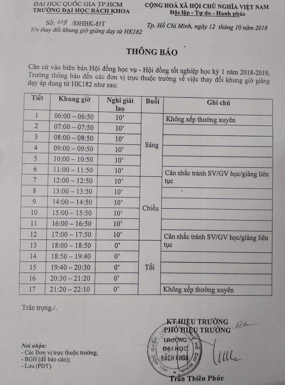 ĐH Bách khoa TPHCM thay đổi khung giờ dạy từ 6h sáng, sinh viên hoang mang? - 1
Thông báo thay đổi khung giờ giảng dạy của Trường ĐH Bách khoa TPHCM.