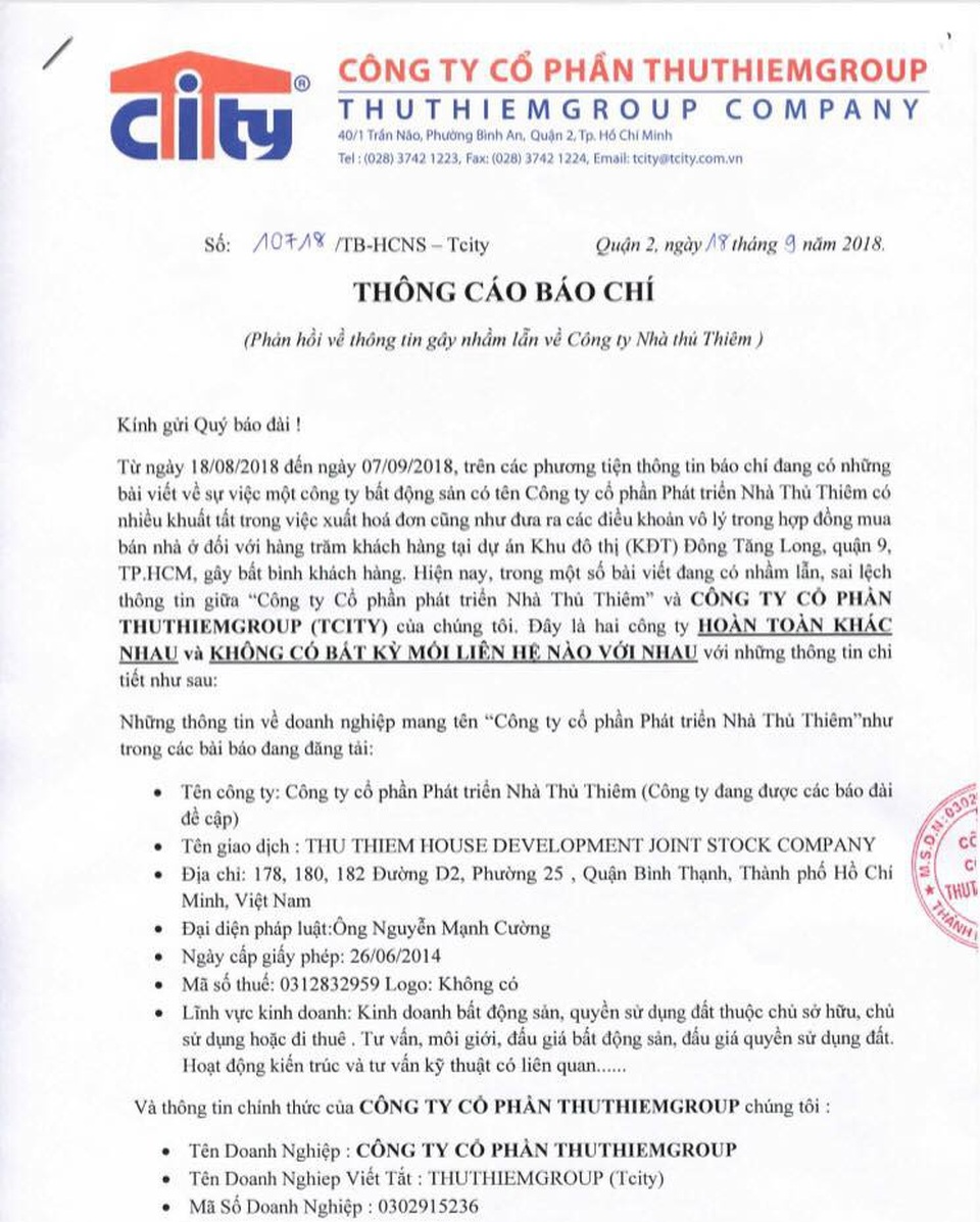 ThuThiemGroup lên tiếng sau khi bị nhầm lẫn là chủ đầu tư dự án Đông Tăng Long - 1 ThuThiemGroup lên tiếng sau khi bị nhầm lẫn là chủ đầu tư dự án Đông Tăng Long - 1