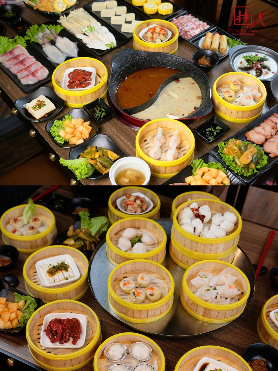 20/10 - FENGHUANG khai trương nhà hàng buffet Dimsum & Lẩu thứ 3 tại Hà Nội - 5 Dimsum được hấp chín tươi ngon ngay tại bàn ăn, Ba vị nước lẩu, gần 20 món nhúng, thực đơn lạ miệng với các món như thịt bò Mỹ, cá trắm giòn, hải sản, phù trúc chiên... tạo nên một bàn tiệc hấp dẫn.