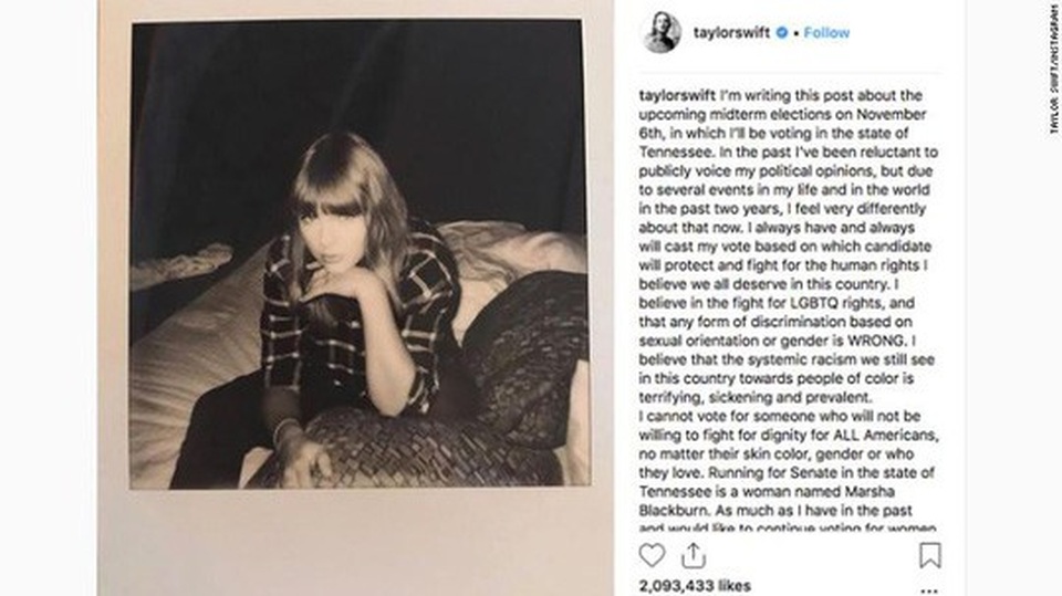 
Ca sĩ Taylor Swift kêu gọi người hâm mộ bỏ phiếu trên mạng xã hội Instagram Ảnh: CNN
