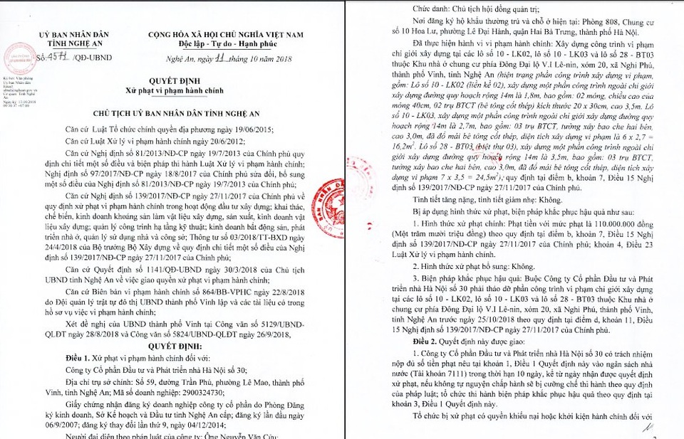 Vi phạm chỉ giới xây dựng, Cty CP Đầu tư và phát triển nhà Hà Nội số 30 bị phạt 110 triệu đồng - 1 Quyết định xử phạt vi phạm hành chính trong lĩnh vực xây dựng đối với Công ty CP Đầu tư phát triển nhà Hà Nội số 30 của UBND tỉnh Nghệ An.