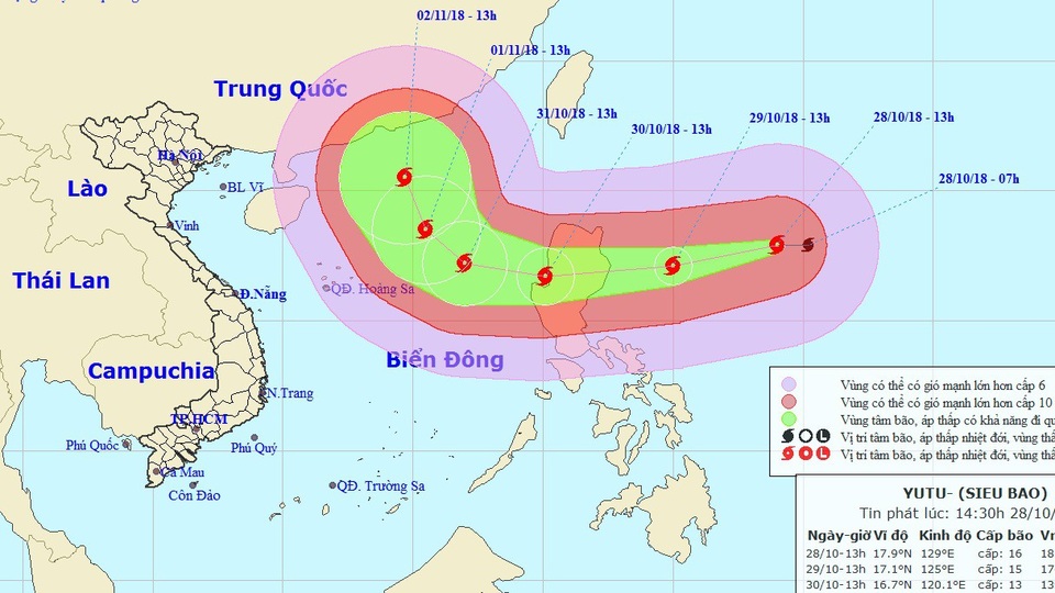 Siêu bão Yutu mạnh cấp 16 đang hướng vào Biển Đông - 1 Vị trí và hướng di chuyển của siêu bão Yutu. (Ảnh: NCHMF).