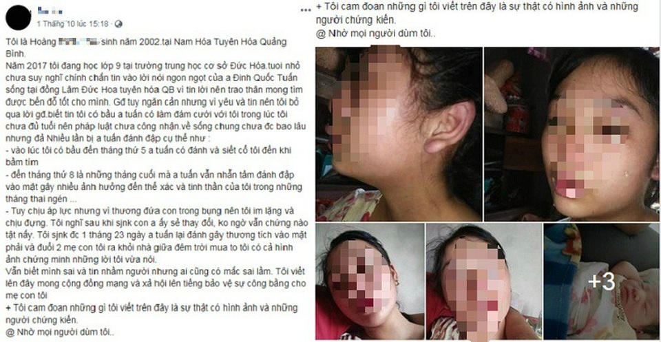 Mẹ trẻ 16 tuổi lên Facebook cầu cứu vì bị chồng bạo hành - 1 Bà mẹ 16 tuổi đăng đàn cầu cứu vì bị chồng bạo hành.