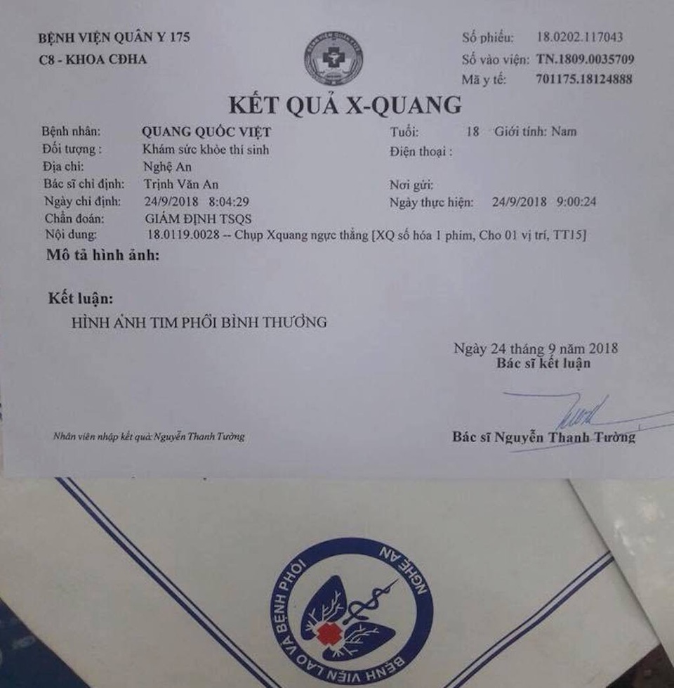 Mới nhập học, nam sinh viên Trường sĩ quan bị trả về địa phương vì ... bị bệnh lao phổi? - 7 Tất cả xét nghiệm đều bình thường, nhưng phía Trường sĩ quan Thông tin lại cho rằng, em Việt chiều cao chưa đủ.