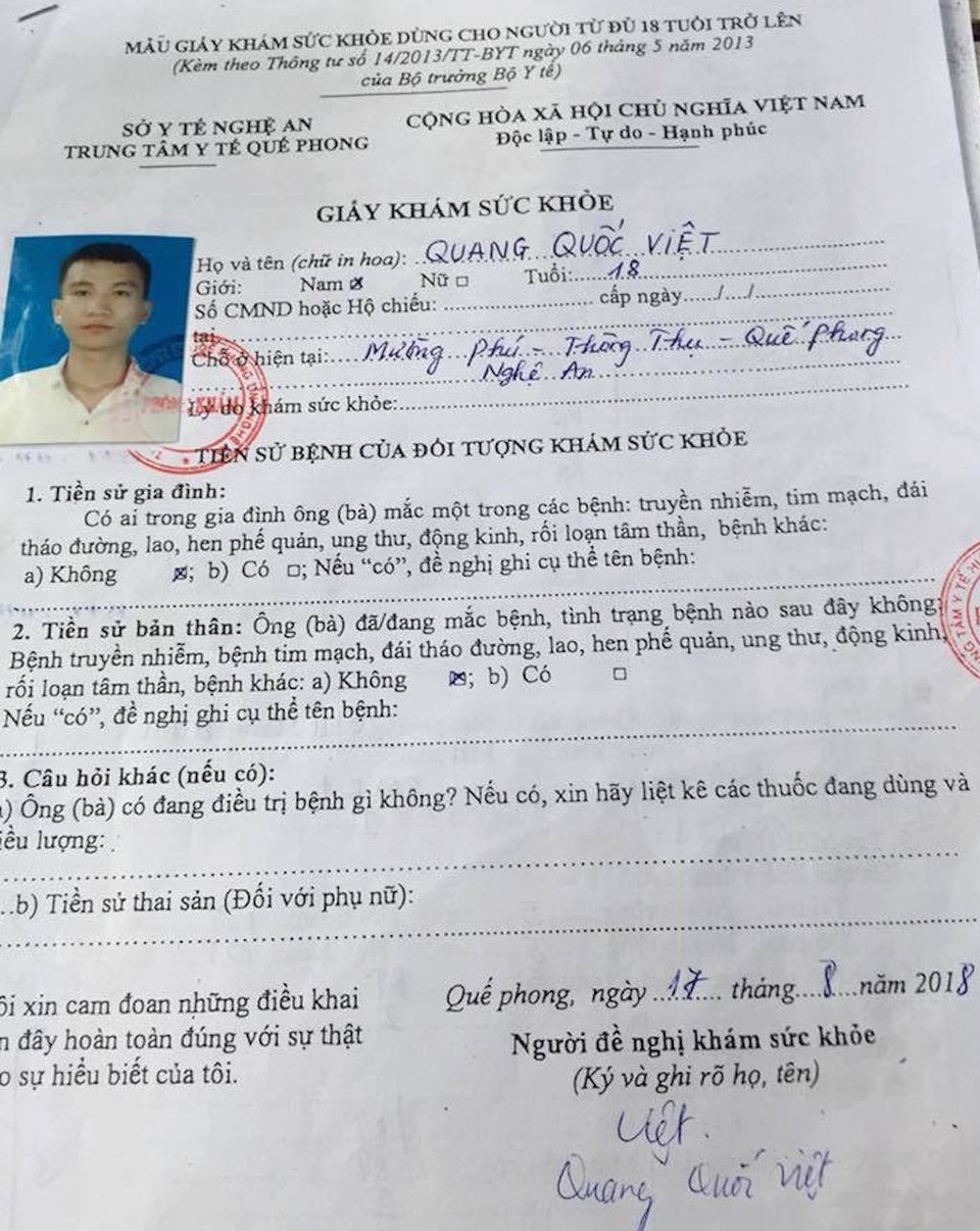 Mới nhập học, nam sinh viên Trường sĩ quan bị trả về địa phương vì ... bị bệnh lao phổi? - 3 Giấy tờ khám sức khỏe của Việt đều đạt chuẩn.