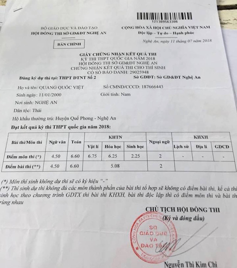 Mới nhập học, nam sinh viên Trường sĩ quan bị trả về địa phương vì ... bị bệnh lao phổi? - 1 Giấy chứng nhận kết quả thi của em Viêt.