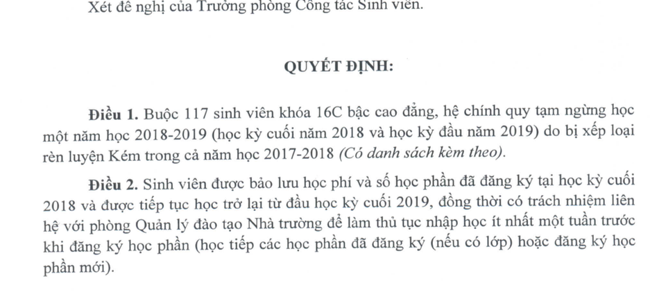 Gần 120 sinh viên cao đẳng bị đình chỉ vì xếp loại rèn luyện kém - 2 Quyết định đình chỉ 1 năm đối với 117 sinh viên có điểm rèn luyện kém trong năm học 2017-2018