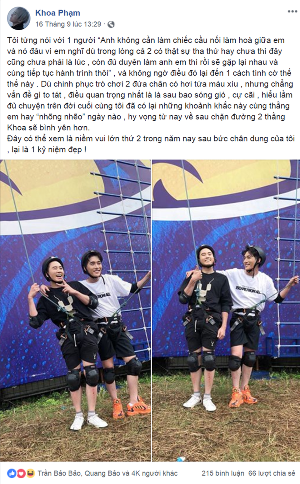 
Dòng trạng thái gây bão của Karik với gần 4k lượt like được đánh giá là vô cùng bản lĩnh khi “thổ lộ” tình anh em với Châu Đăng Khoa
