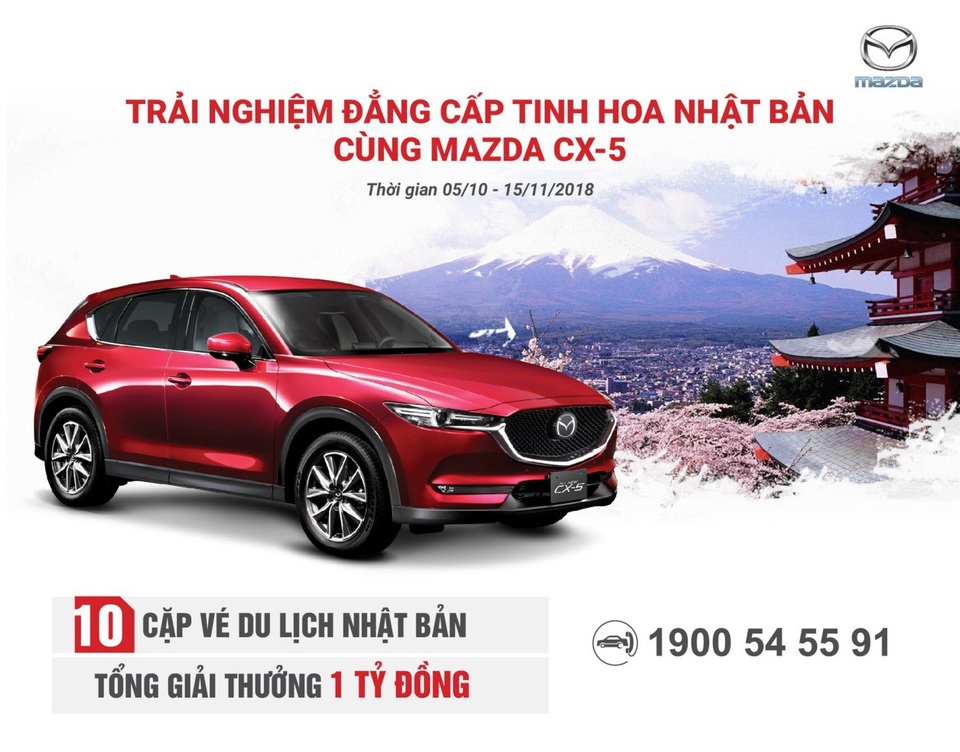 Mua Mazda CX-5 nhận chuyến du lịch Nhật Bản - 1 Mazda Việt Nam tổ chức chương trình rút thăm trúng thưởng vé du lịch Nhật Bản như một lời tri ân dành tặng cho khách hàng đã, đang và sẽ tiếp tục đồng hành cùng thương hiệu Mazda nói chung và Mazda CX-5 nói riêng. Các khách hàng may mắn trúng thưởng sẽ được khám phá những địa danh nổi tiếng, trải nghiệm nét đẹp văn hoá cùng tinh hoa ẩm thực của “Xứ sở hoa anh đào” - đất nước đã sản xuất ra những sản phẩm Mazda với tinh hoa thiết kế và công nghệ hàng đầu.