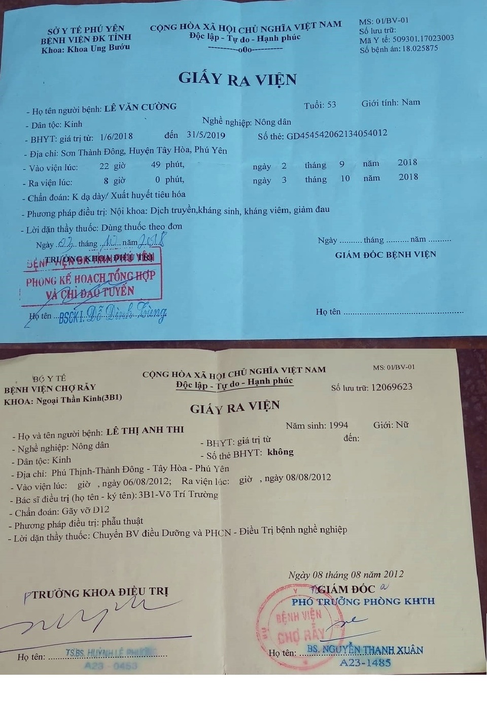 Xác nhận bệnh tật của anh Cường và cháu Thi