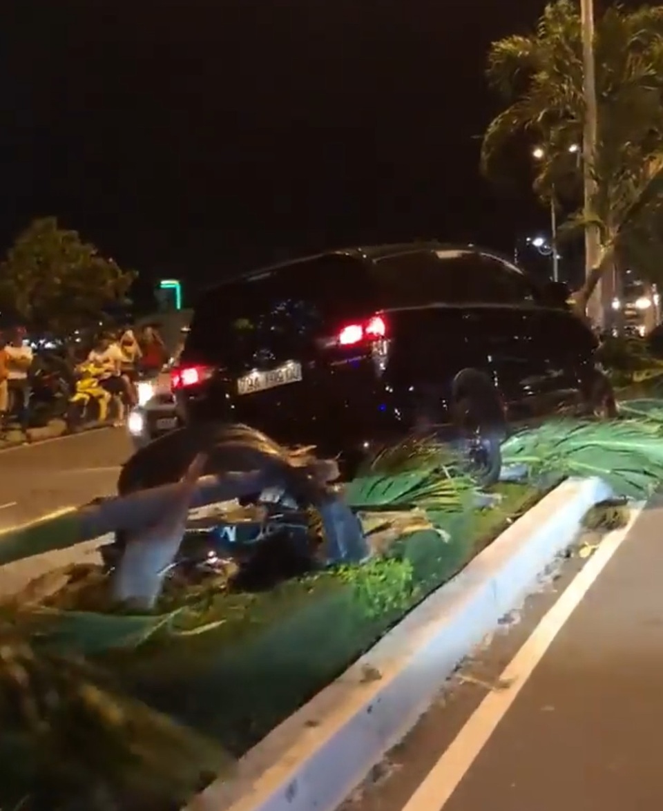 Ô tô leo dải phân cách, tông đổ hàng loạt cây xanh - 1 Hiện trường vụ tai nạn trên cầu Trần Phú, Nha Trang
