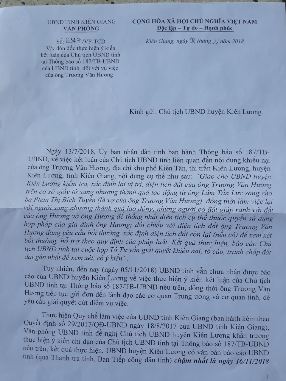 Chủ tịch tỉnh Kiên Giang nhắc nhở chủ tịch huyện báo cáo việc giải quyết quyền lợi của dân! - 1 Chủ tịch tỉnh Kiên Giang nhắc nhở chủ tịch huyện báo cáo việc giải quyết quyền lợi của dân! - 1