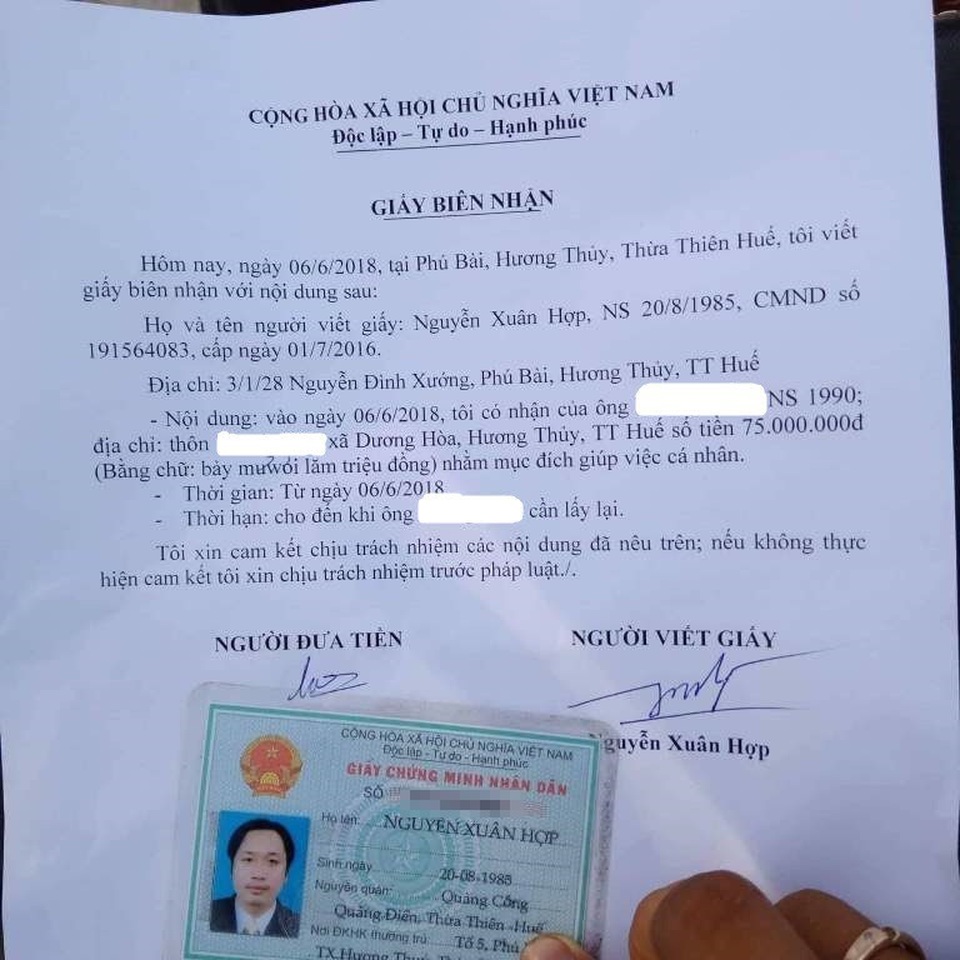 Hiệu trưởng mượn giáo viên gần tỷ đồng có vay “tín dụng đen” và nghi lấy tiền chạy việc - 1 Giấy biên nhận nhận tiền của ông Hợp từ anh H.T. 75 triệu đồng nhằm mục đích giúp việc cá nhân.