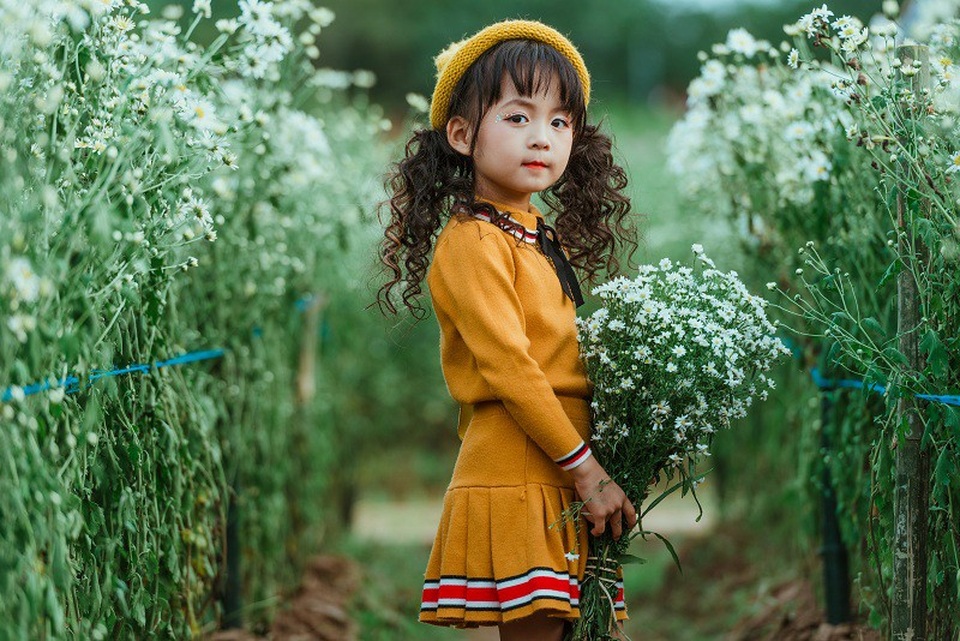 Tan chảy trong bộ ảnh bên cúc họa mi của mẫu nhí Hà Thành - 7 Ali có gương mặt xinh xắn, mái tóc xoăn búp bê.