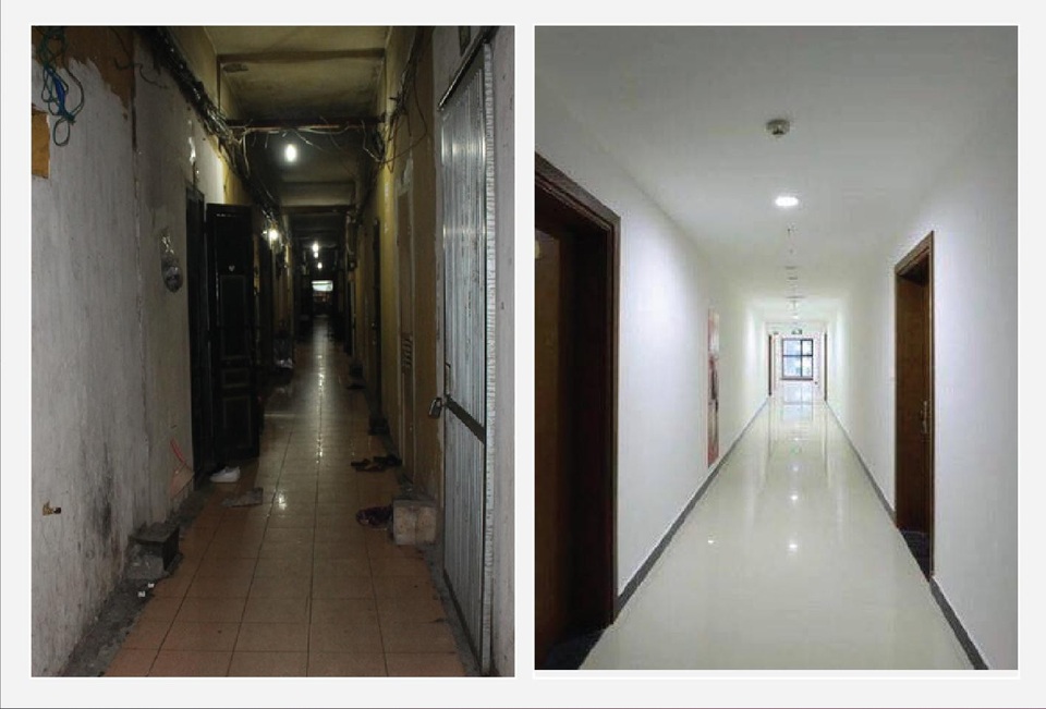 Đối lập tập thể cũ – chung cư mới: Xem ảnh vội tích cóp đổi nhà - 2 Hành lang cũ nhỏ hẹp, tối tăm mất an toàn đối lập với một hành lang rộng rãi, hiện đại và thoáng đãng với cửa thông gió, an toàn hơn với cửa thoát hiểm, dụng cụ phòng cháy chữa cháy tiêu chuẩn