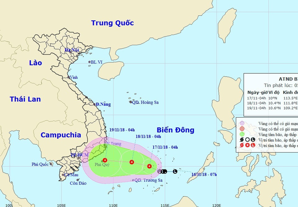 Hình thành áp thấp nhiệt đới trên Biển Đông - 1 Vị trí và hướng di chuyển của áp thấp nhiệt đới. (Ảnh: NCHMF).