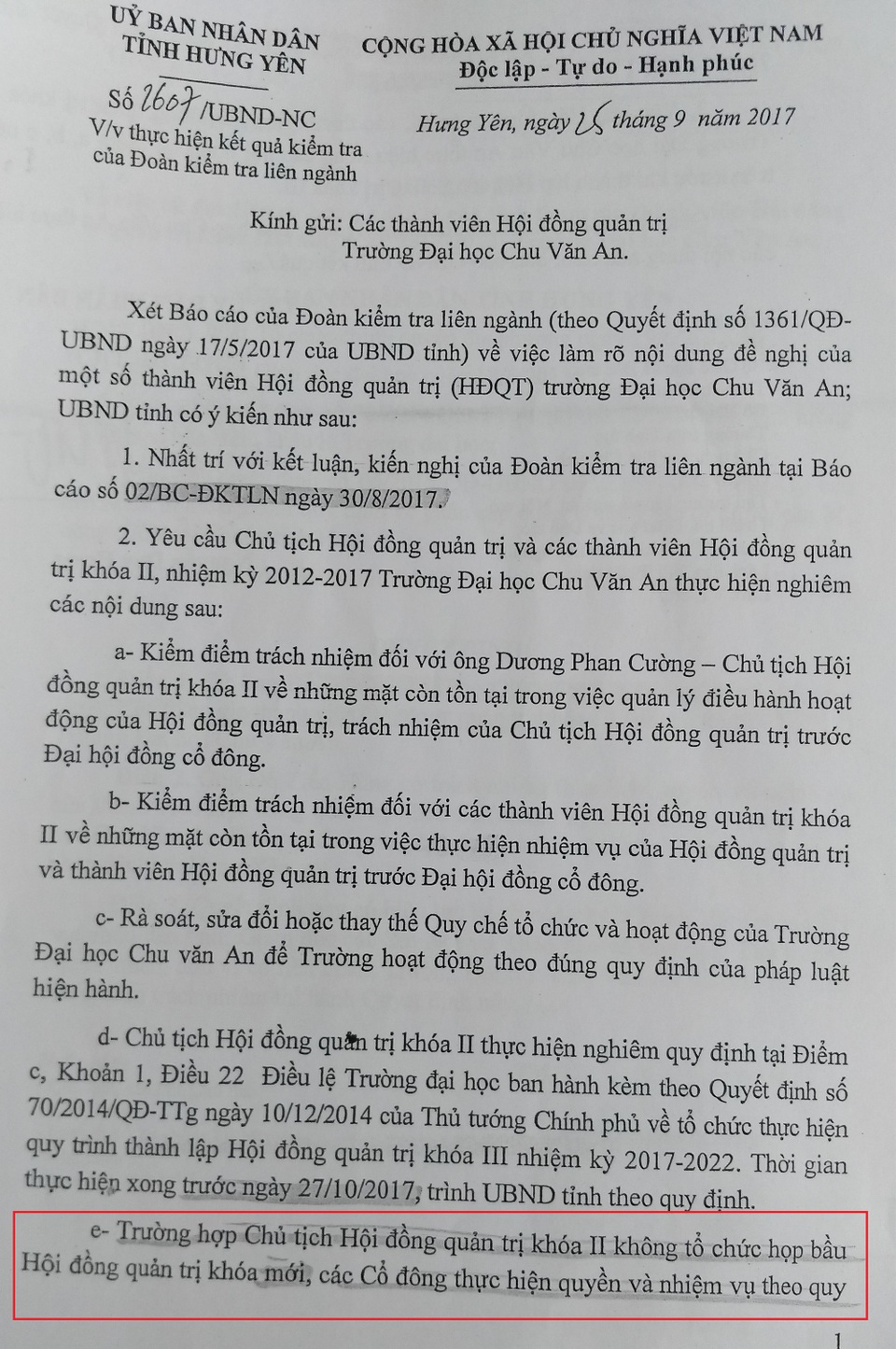 “Lùm xùm” trường đại học Chu Văn An: UBND tỉnh Hưng Yên đã làm tròn trách nhiệm? - 2 Điểm e khoản 2 của văn bản 2607 mở ra hướng giải quyết cho trường đại học Chu Văn An nhưng...
