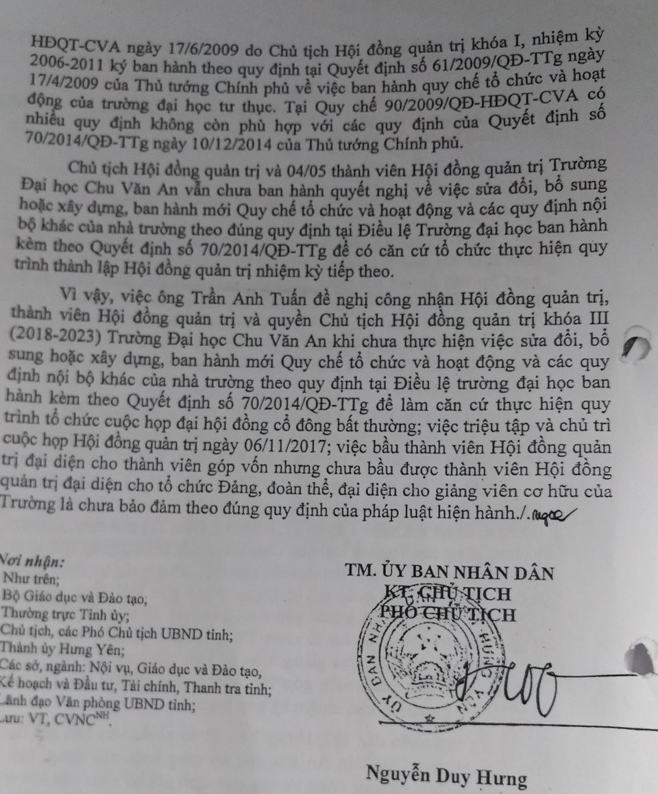 “Lùm xùm” trường đại học Chu Văn An: UBND tỉnh Hưng Yên đã làm tròn trách nhiệm? - 4 Văn bản 1332 của UBND tỉnh Hưng Yên từ chối công nhận Hội đồng quản trị trường đại học Chu Văn An sau khi các cổ đông thực hiện điểm e khoản 2 của văn bản 2607.