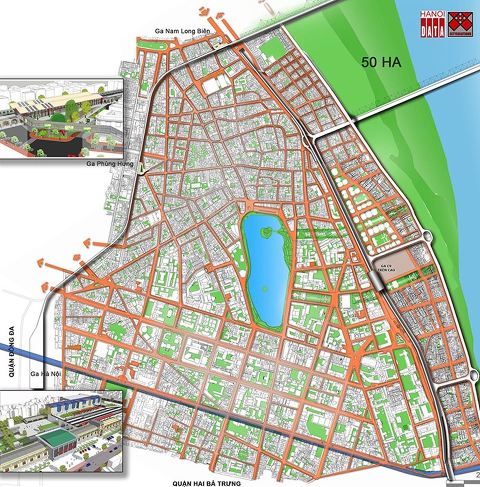 Vị trí ga ngầm C9 và những cản trở với bài toán phát triển Hà Nội - 3 Vị trí Ga C9 trong tổng thể 3 tuyến đường sắt đô thị đi qua quận Hoàn Kiếm do Citysolution đề xuất mở thông 7 đường từ trong phố ra ngoài đê Sông Hồng, tăng giá trị 70 ha đất ngoài đê lên, giải phóng áp lực với khu vực phụ cận Hồ Gươm.