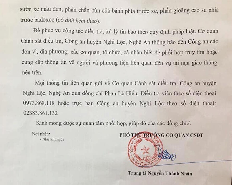 Công an thông báo truy tìm xe ô tô gây tai nạn chết người rồi bỏ trốn - 2
Thông báo của Công an huyện Nghi Lộc về việc truy tìm chiếc xe gây tai nạn bỏ trốn.