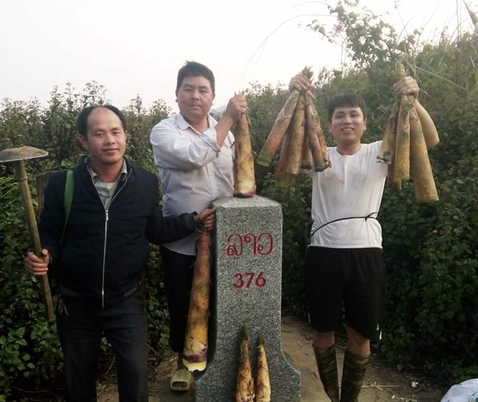 Hai thầy cô nên duyên nhờ cắm bản - 2 Thầy Vi Văn Mùi (ngoài cùng bên phải) cùng đồng nghiệp đi hái măng rừng cải thiện bữa ăn sau giờ lên lớp (ảnh FBNV).