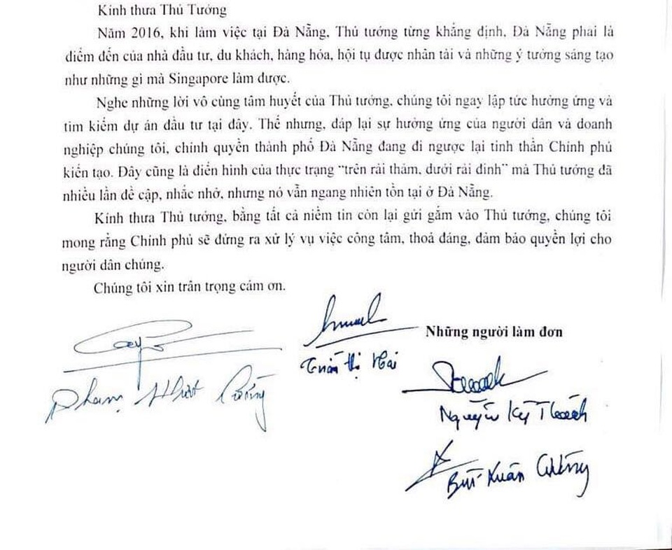 Một đoạn trong bức thư kêu cứu khẩn cấp lên Thủ tướng Nguyễn Xuân Phúc của 5 hộ dân bị TP Đà Nẵng hủy kết quả đấu giá.