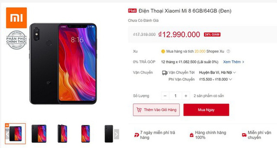 Cyber Monday có nhiều giảm giá hấp dẫn với người Việt? - 7 Xiaomi Mi 8 cũng ghi là giảm từ 17 triệu xuống 12,9 triệu. Trong khi hầu hết các cửa hàng bán lẻ đều phân phối mẫu này từ 11 - 11,5 triệu đồng.