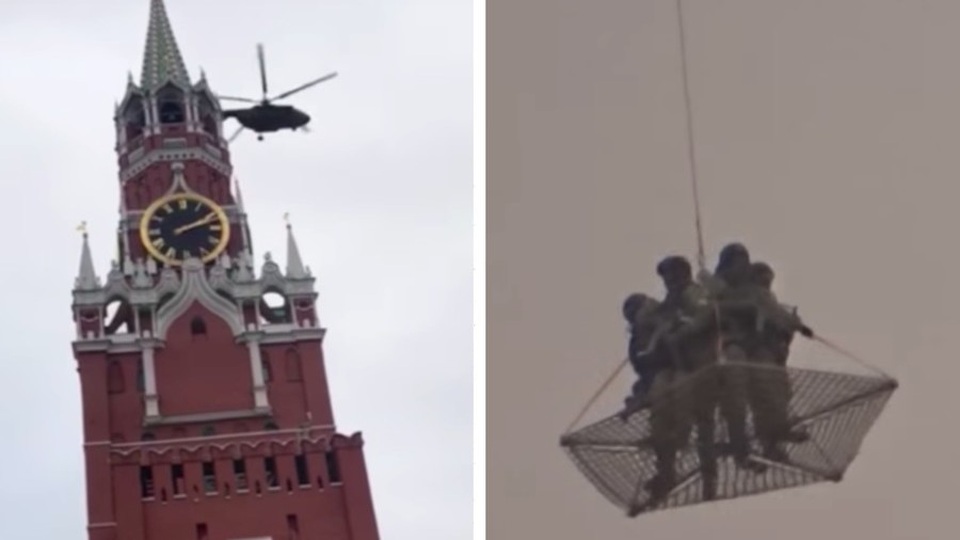 Trực thăng quân sự bí ẩn bay qua điện Kremlin - 1
Một trực thăng bay qua điện Kremlin (bên trái), trong khi 4 quân nhân có vũ trang bịt mặt đứng trên 1 lưới treo lơ lửng phía dưới một trực thăng khác (Ảnh: RT)